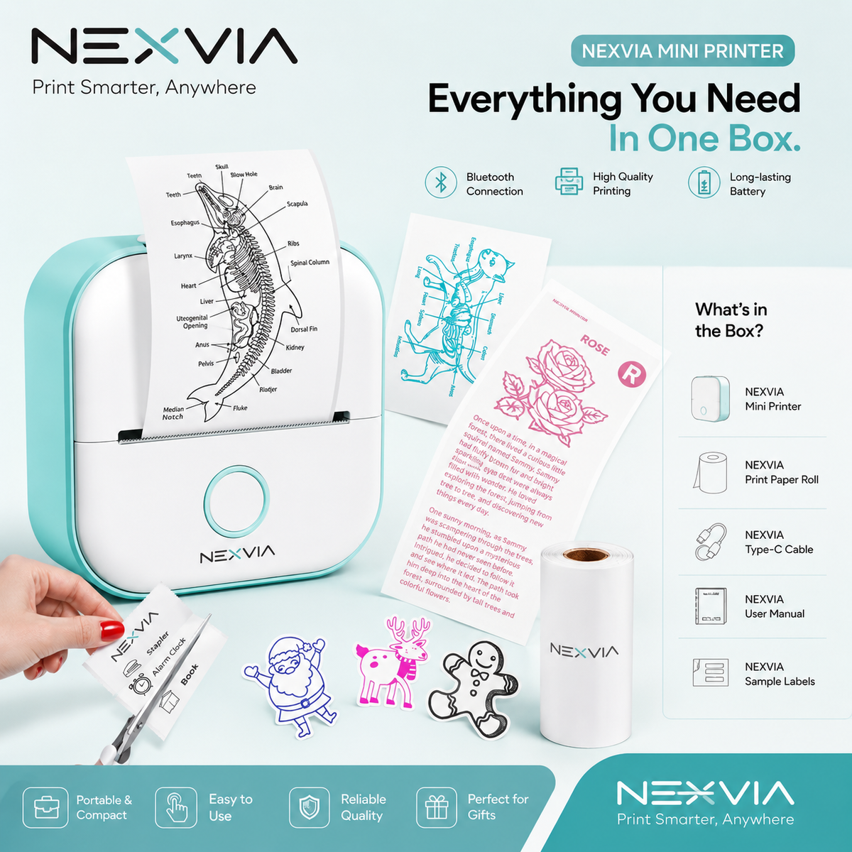 Pink NEXVIA D30 portable thermal label printer in a bright home workspace