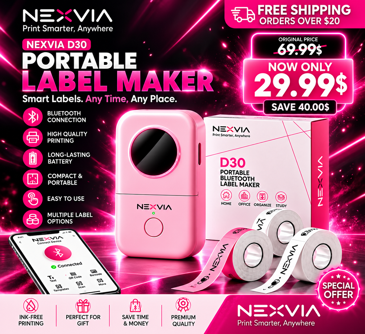 NEXVIA D30 Portable Label Maker Bluetooth Thermal Printer Sticker Labels