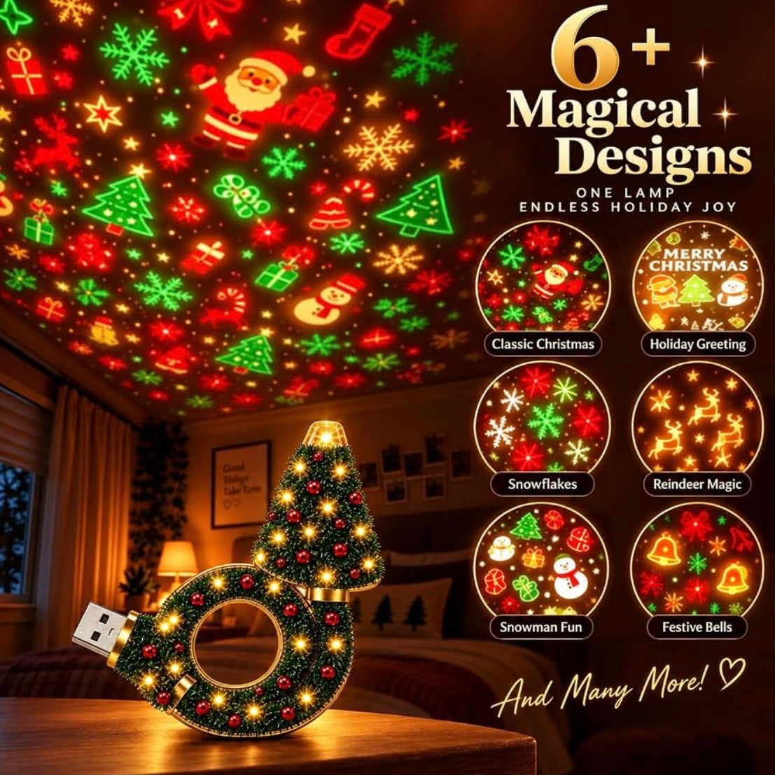Christmas Projector Indoor, 6 Holiday Scenes 360° Flexible Neck